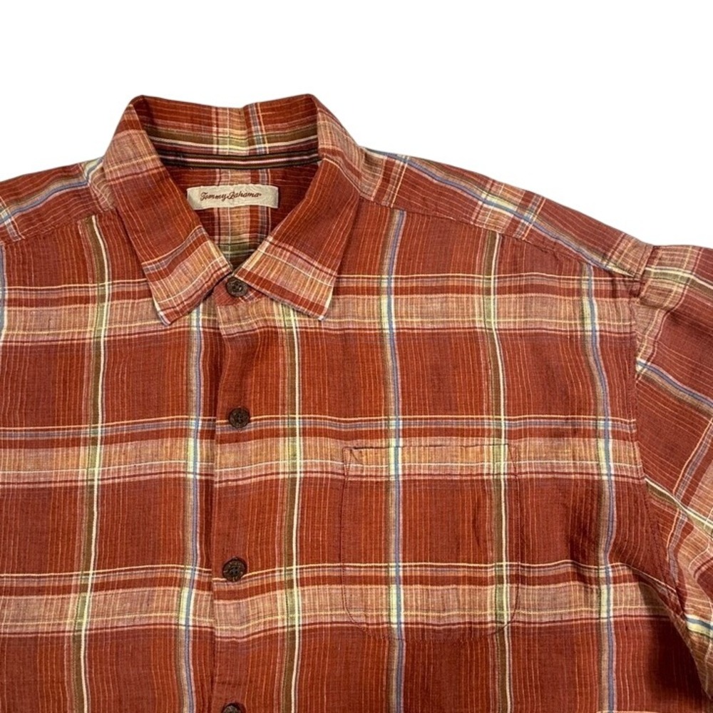 Tommy Bahama 100% Linen Short Sleeve Plaid Button Down Shirt Terracotta Mens XXL
